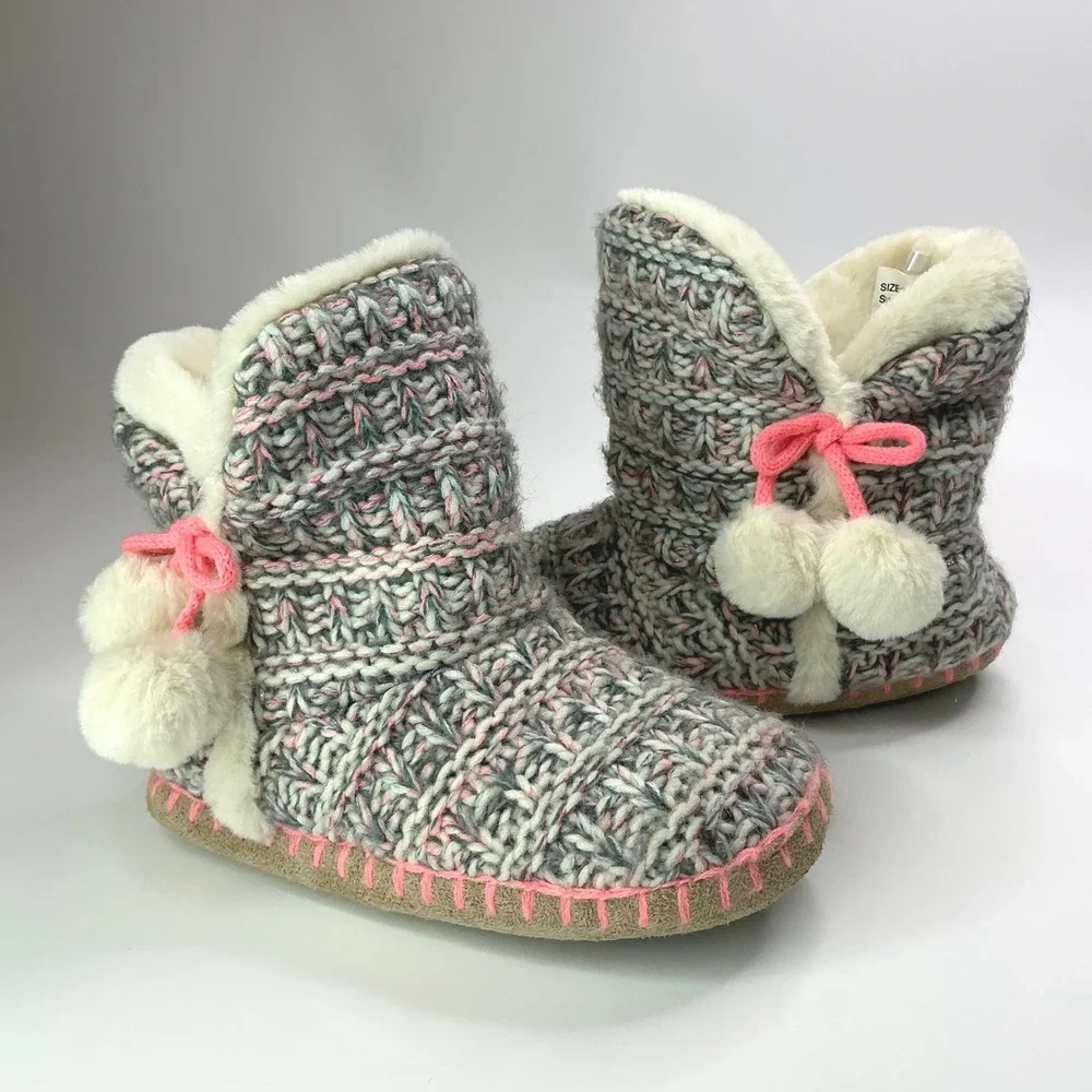 Falls Creek Grey Sweater Bootie Slippers Kids Size 1/2 Pom Pom Faux Fur Lining